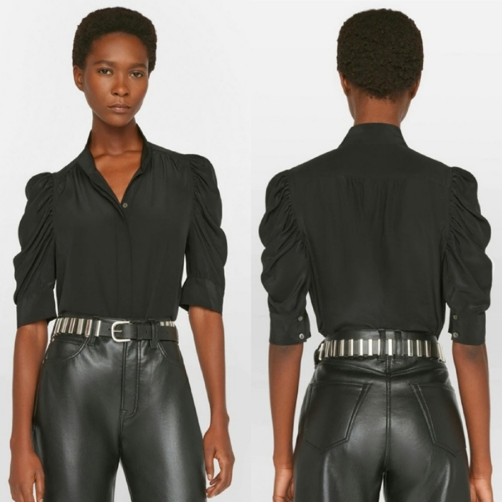 Frame Gillian Puff Sleeve Silk Top 3/4 Sleeve Button Up Black Small - Picture 2 of 15
